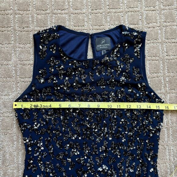ADRIANNA PAPELL Sequin Beaded Dress 4 Navy Blue Sleeveless Cocktail Embellished - Picture 8 of 11